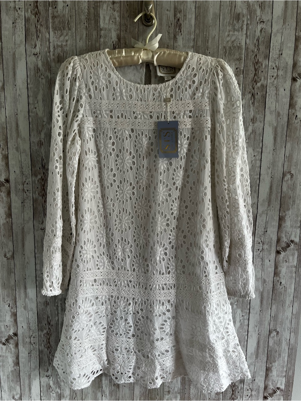 Sail to Sable White Eyelet Lace LongSleeve Drop Waist Summer Cotton Dress NEW XS